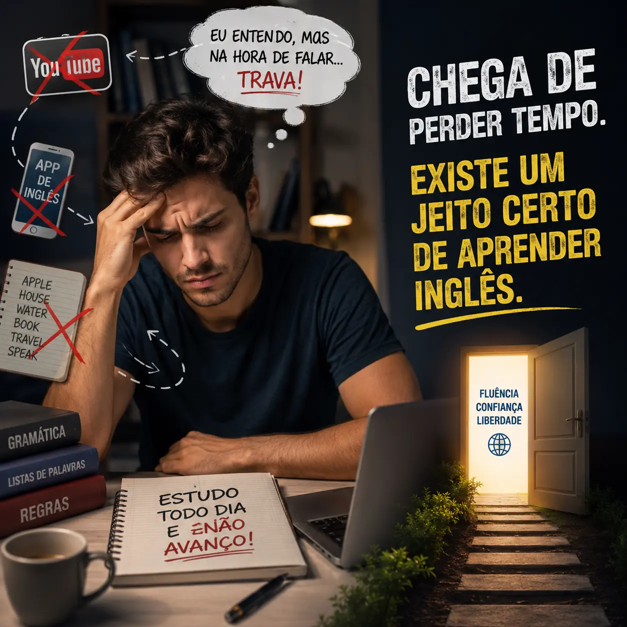 Pessoa estudando inglês pelo celular em casa, representando o método da Jornada do Autodidata em Inglês
